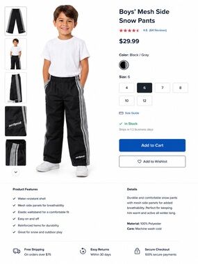 Boys' Black/Gray Snow Jogger Pants with Mesh Side Panels